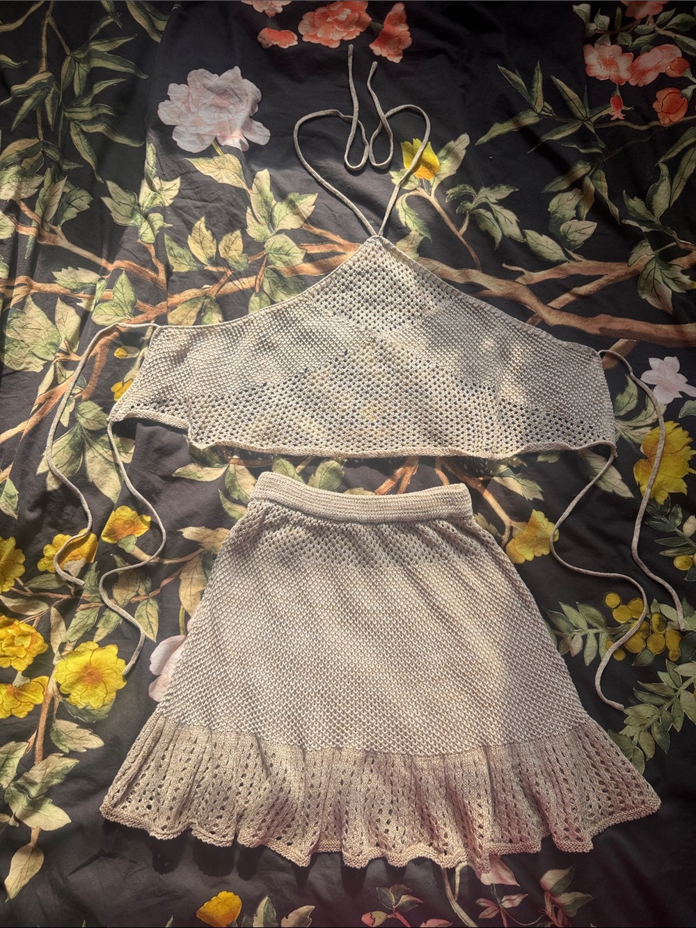 Cream Crochet Halter Skirt Set Cover Up